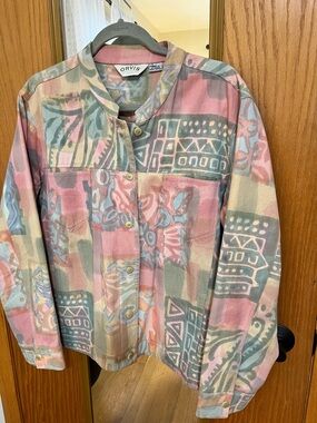 Orvis Pink and Green Abstract Pattern Lightweight Jean Jacket 100% Cotton